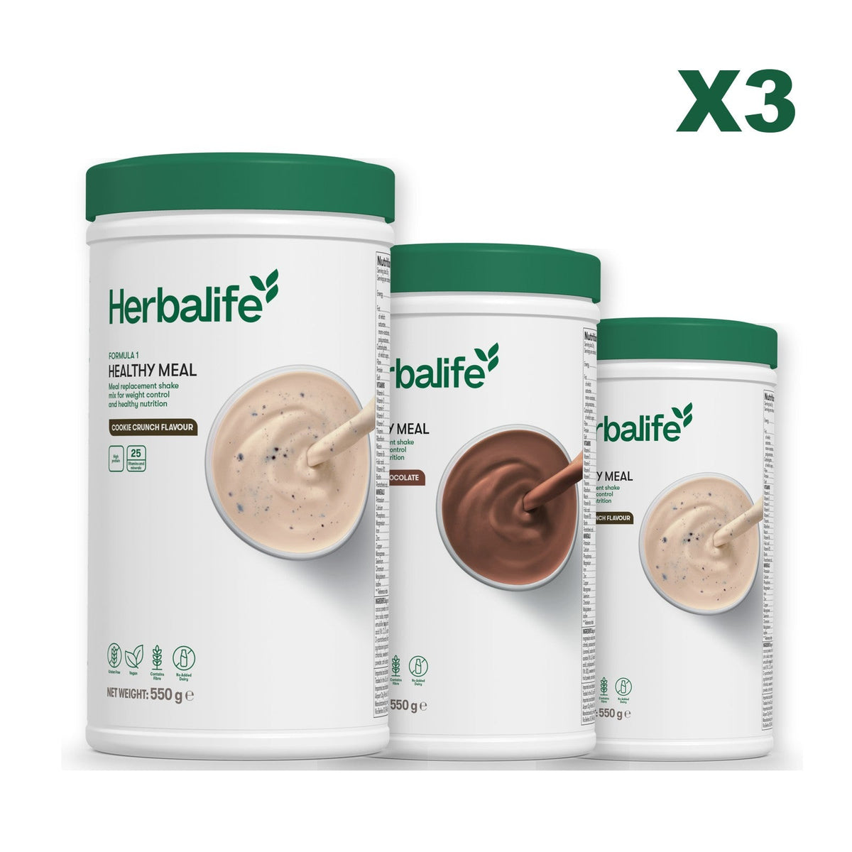 Three Formula 1 shake tubs led by Cookie Crunch, plus two flavours you choose, Chocolate / Cookie Crunch