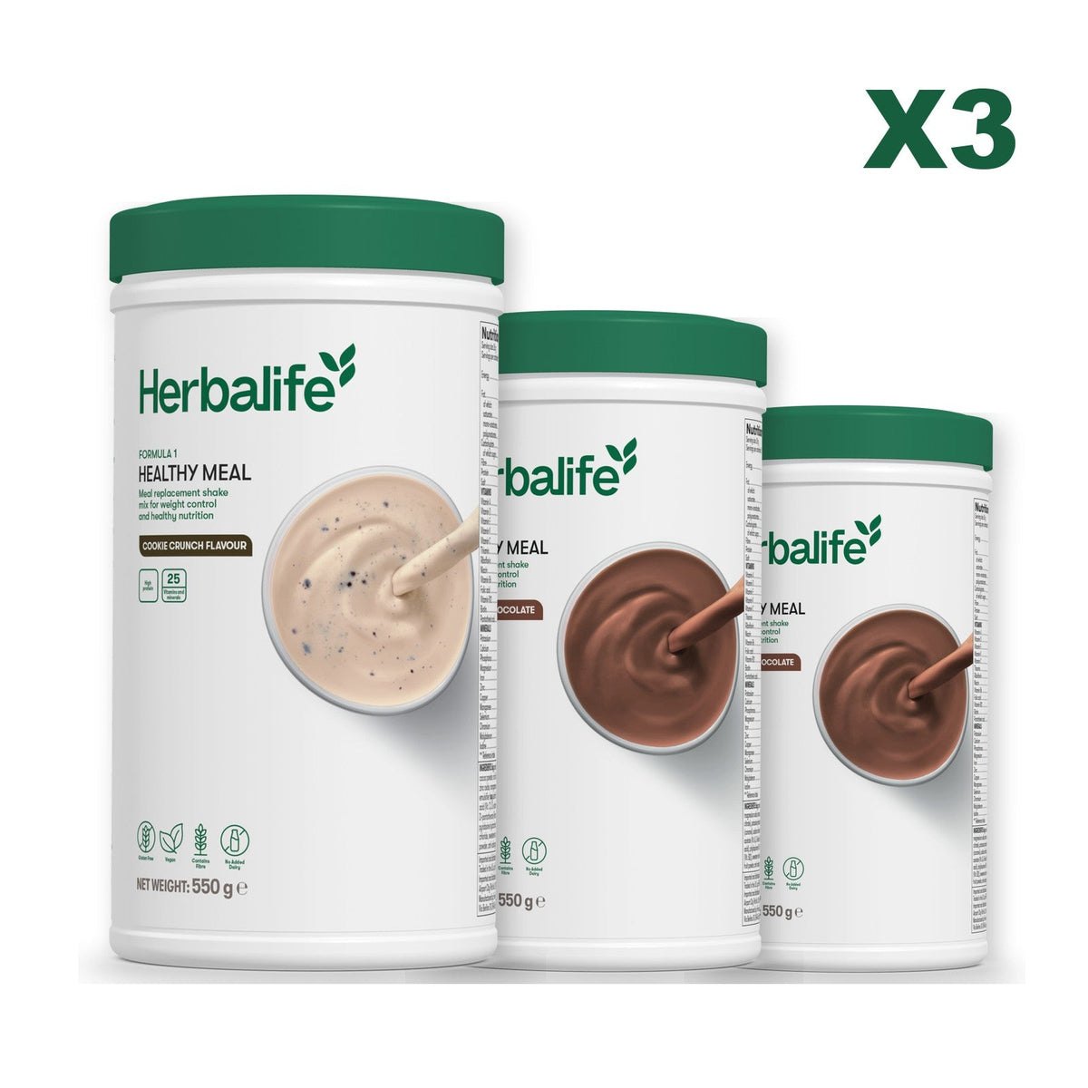 Three Formula 1 shake tubs led by Cookie Crunch, plus two flavours you choose, Chocolate / Chocolate