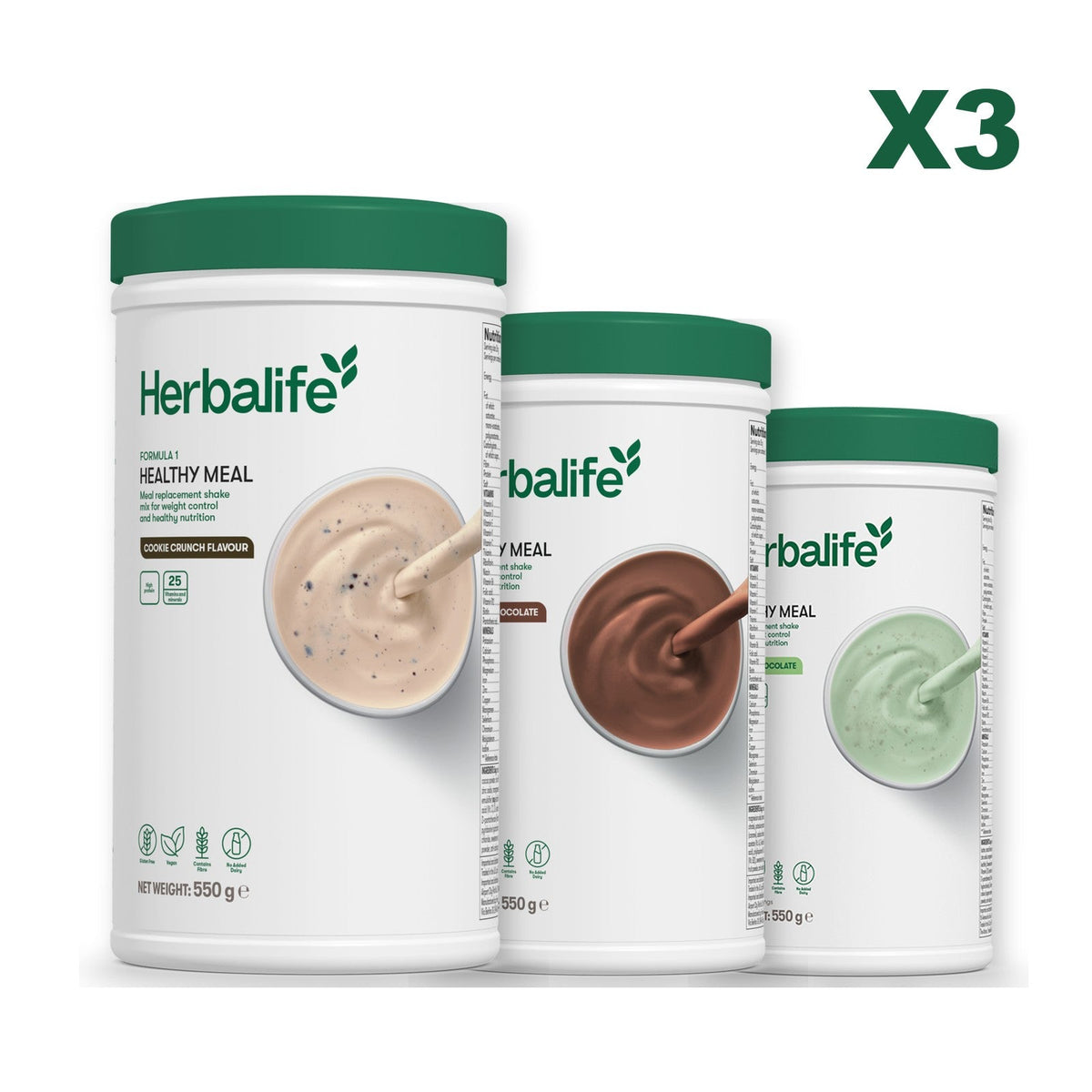 Three Formula 1 shake tubs led by Cookie Crunch, plus two flavours you choose, Chocolate / Mint Chocolate