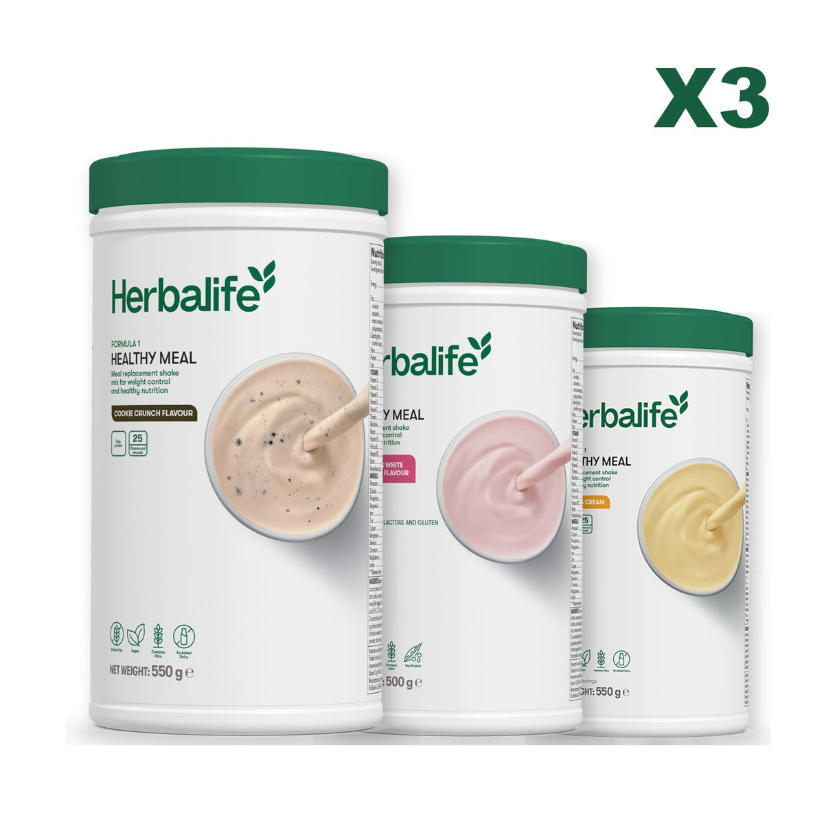 Three Formula 1 shake tubs led by Cookie Crunch, plus two flavours you choose, Free From Raspberry & White Chocolate / Banana Cream