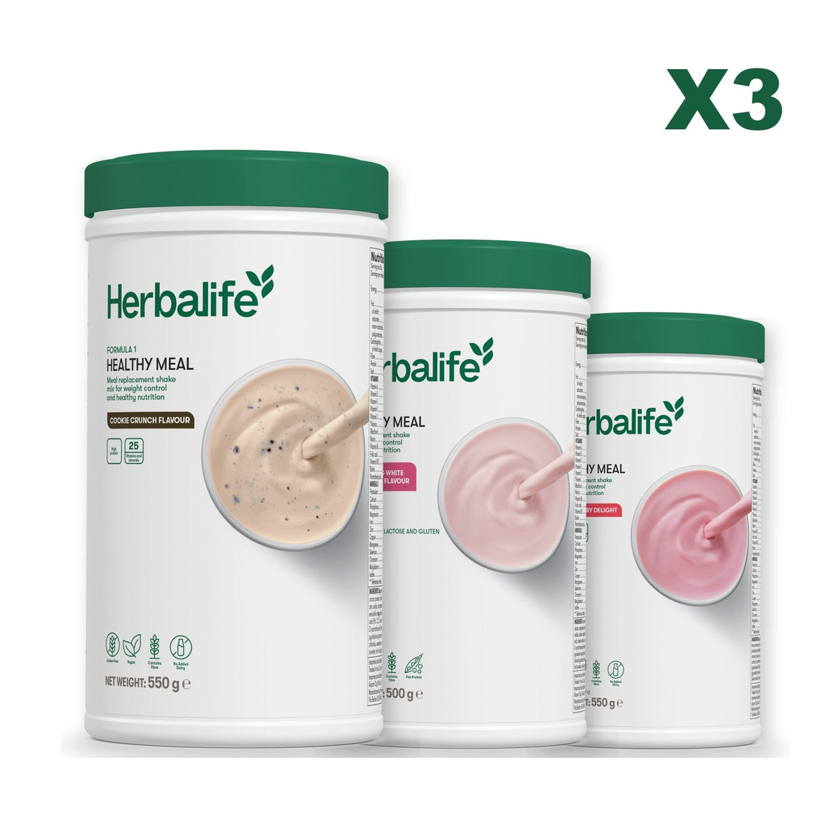 Three Formula 1 shake tubs led by Cookie Crunch, plus two flavours you choose, Free From Raspberry & White Chocolate / Strawberry