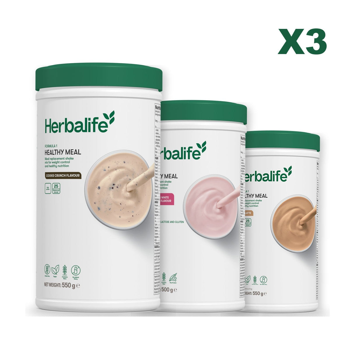 Three Formula 1 shake tubs led by Cookie Crunch, plus two flavours you choose, Free From Raspberry & White Chocolate / Cafe Latte