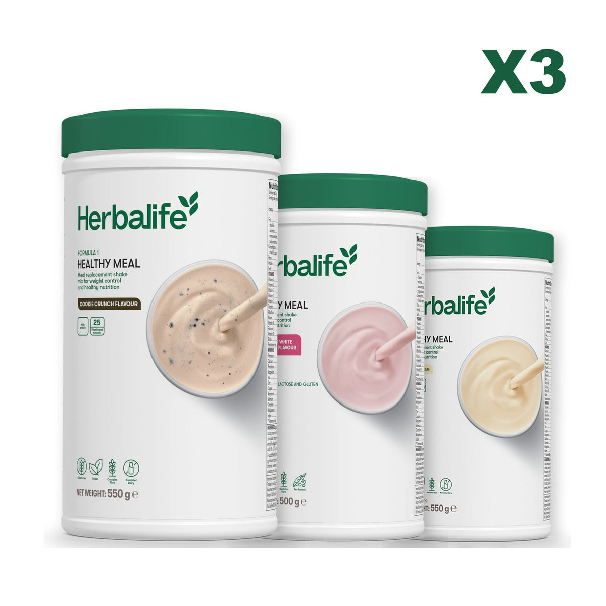 Three Formula 1 shake tubs led by Cookie Crunch, plus two flavours you choose, Free From Raspberry & White Chocolate / Vanilla