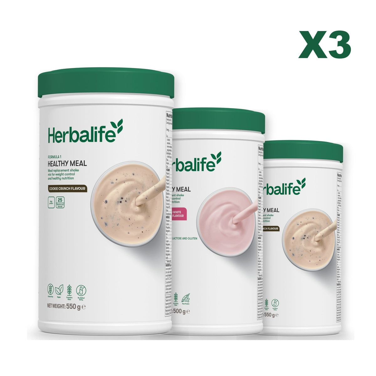 Three Formula 1 shake tubs led by Cookie Crunch, plus two flavours you choose, Free From Raspberry & White Chocolate / Cookie Crunch