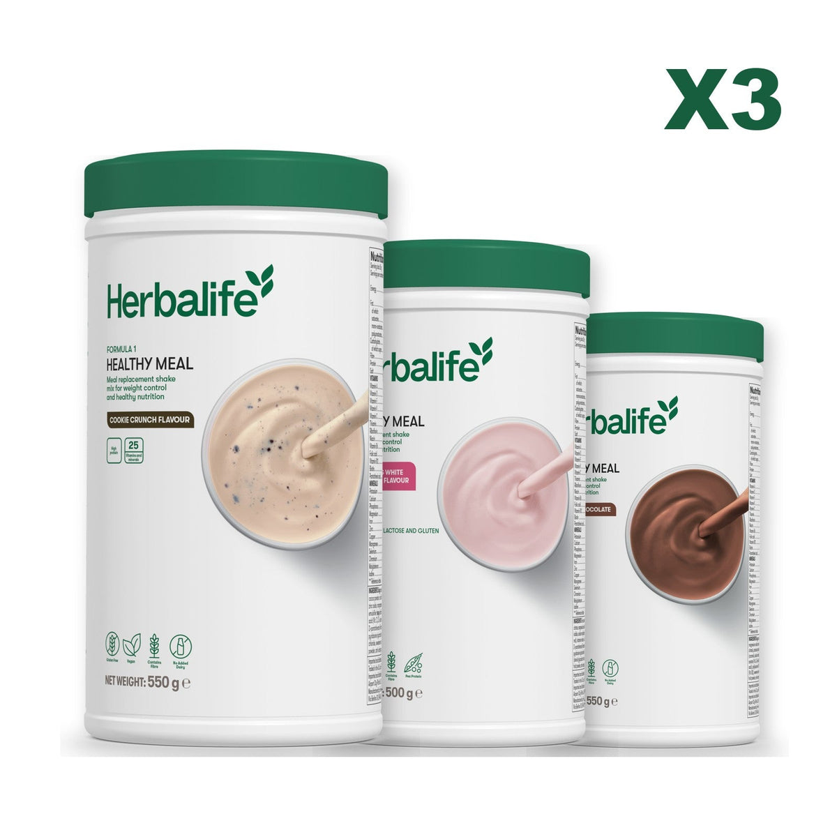 Three Formula 1 shake tubs led by Cookie Crunch, plus two flavours you choose, Free From Raspberry & White Chocolate / Chocolate