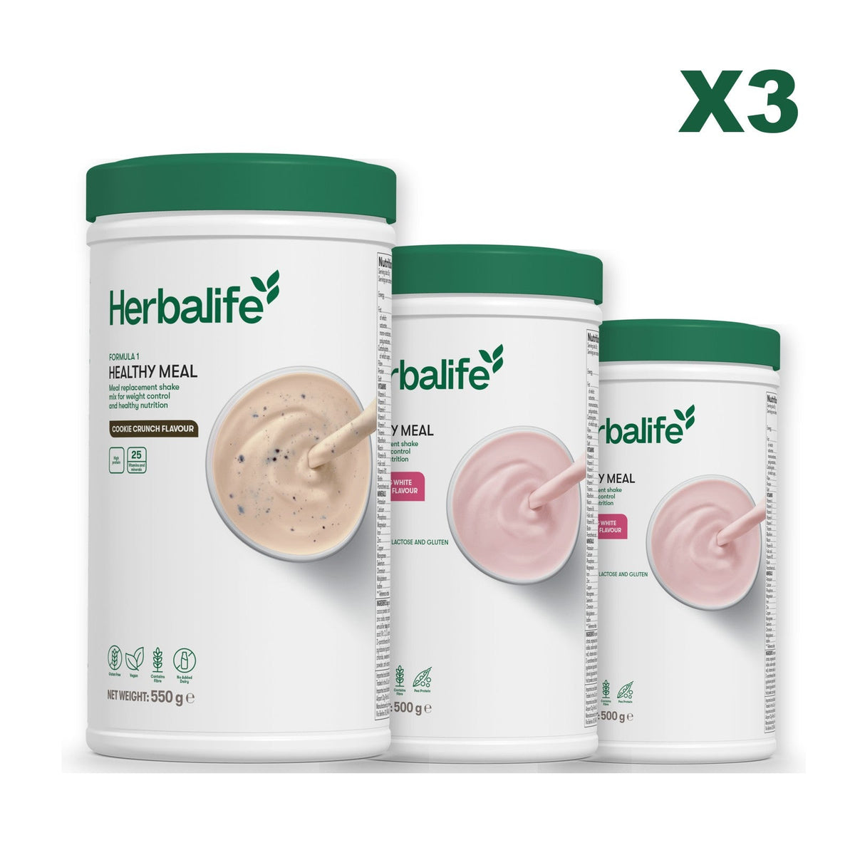 Three Formula 1 shake tubs led by Cookie Crunch, plus two flavours you choose, Free From Raspberry & White Chocolate / Free From Raspberry & White Chocolate