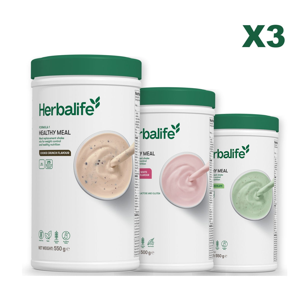 Three Formula 1 shake tubs led by Cookie Crunch, plus two flavours you choose, Free From Raspberry & White Chocolate / Mint Chocolate