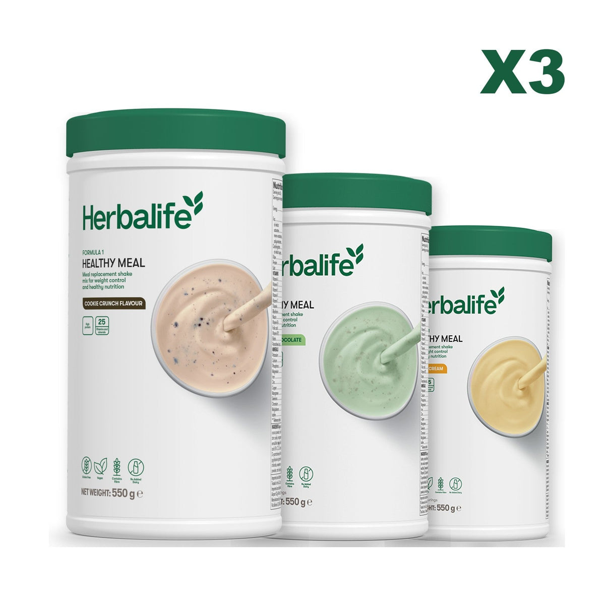 Three Formula 1 shake tubs led by Cookie Crunch, plus two flavours you choose, Mint Chocolate / Banana Cream