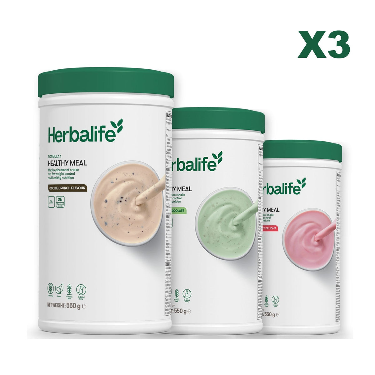 Three Formula 1 shake tubs led by Cookie Crunch, plus two flavours you choose, Mint Chocolate / Strawberry
