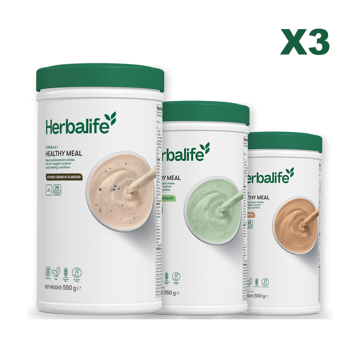 Three Formula 1 shake tubs led by Cookie Crunch, plus two flavours you choose, Mint Chocolate / Cafe Latte