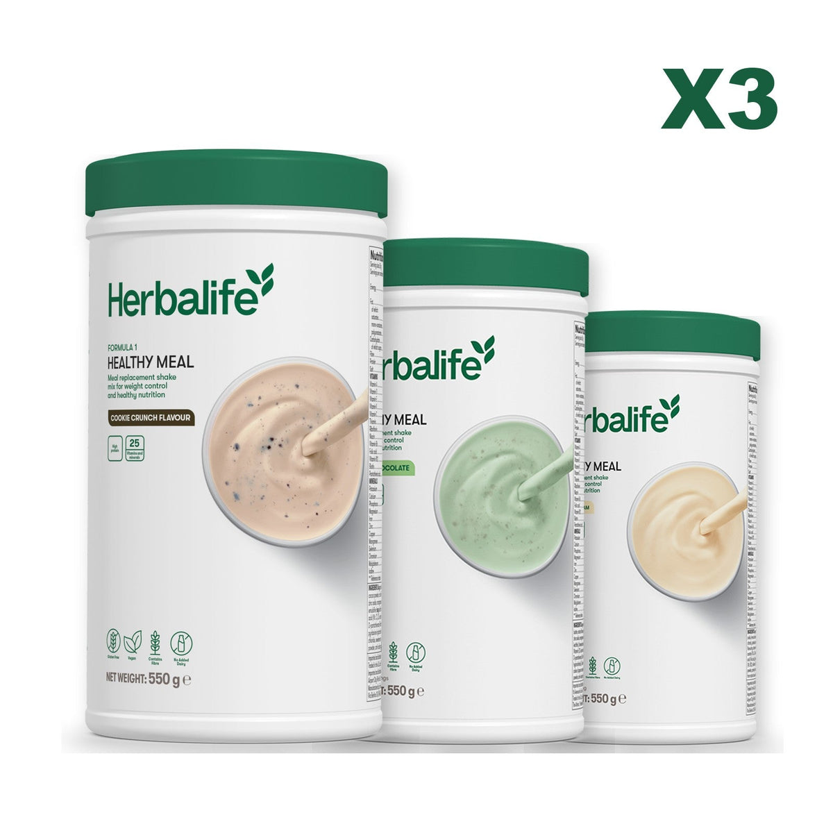 Three Formula 1 shake tubs led by Cookie Crunch, plus two flavours you choose, Mint Chocolate / Vanilla