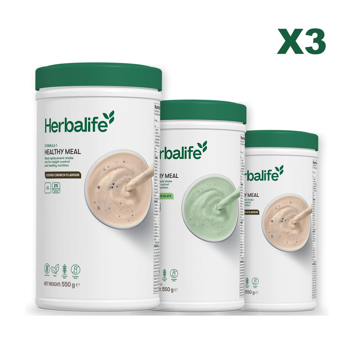 Three Formula 1 shake tubs led by Cookie Crunch, plus two flavours you choose, Mint Chocolate / Cookie Crunch