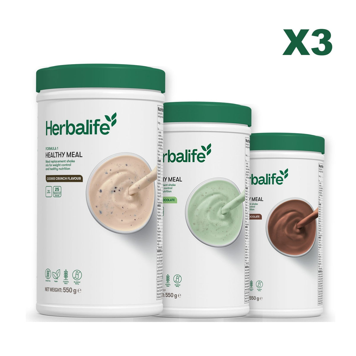 Three Formula 1 shake tubs led by Cookie Crunch, plus two flavours you choose, Mint Chocolate / Chocolate