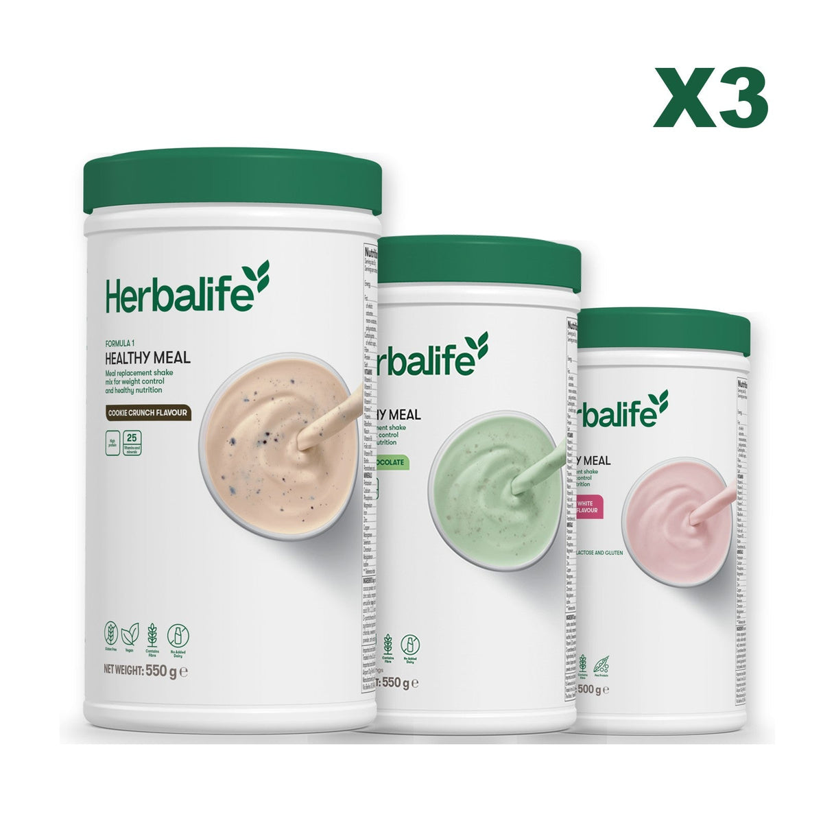 Three Formula 1 shake tubs led by Cookie Crunch, plus two flavours you choose, Mint Chocolate / Free From Raspberry & White Chocolate
