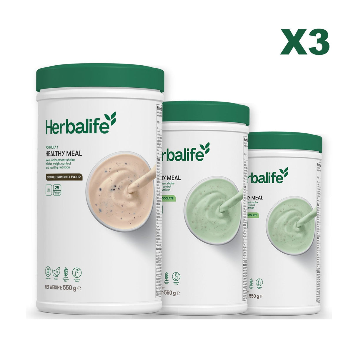 Three Formula 1 shake tubs led by Cookie Crunch, plus two flavours you choose, Mint Chocolate / Mint Chocolate