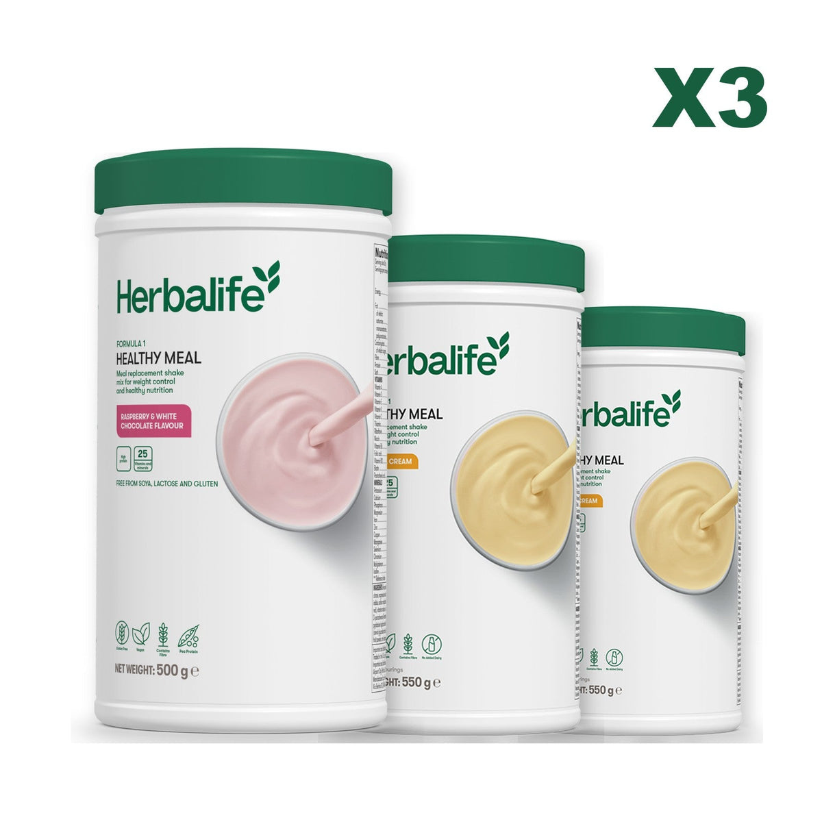 Three Formula 1 shake tubs led by Free From Raspberry and White Chocolate, plus two flavours you choose, Banana Cream / Banana Cream
