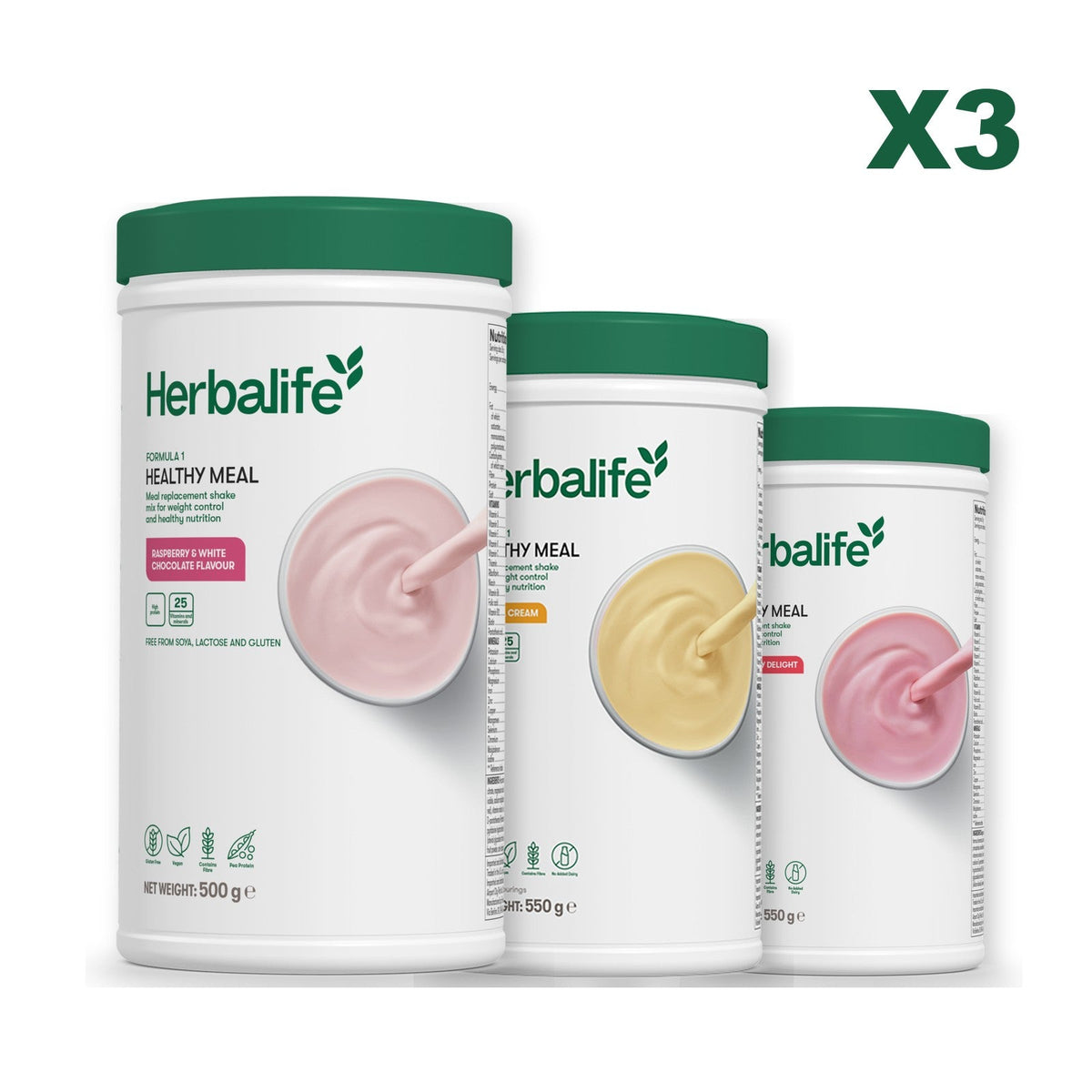 Three Formula 1 shake tubs led by Free From Raspberry and White Chocolate, plus two flavours you choose, Banana Cream / Strawberry