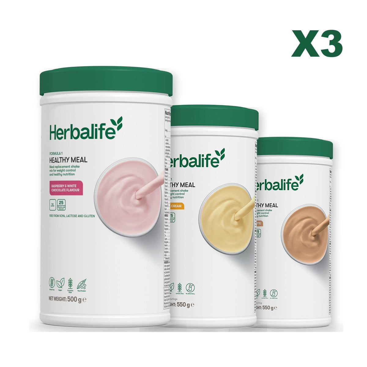 Three Formula 1 shake tubs led by Free From Raspberry and White Chocolate, plus two flavours you choose, Banana Cream / Cafe Latte