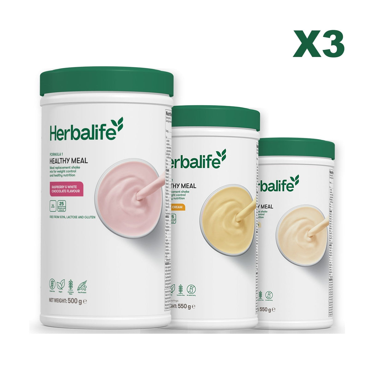 Three Formula 1 shake tubs led by Free From Raspberry and White Chocolate, plus two flavours you choose, Banana Cream / Vanilla