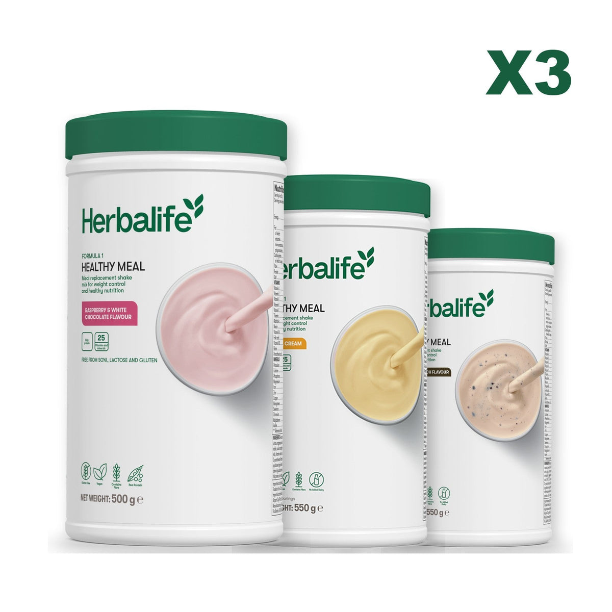 Three Formula 1 shake tubs led by Free From Raspberry and White Chocolate, plus two flavours you choose, Banana Cream / Cookie Crunch