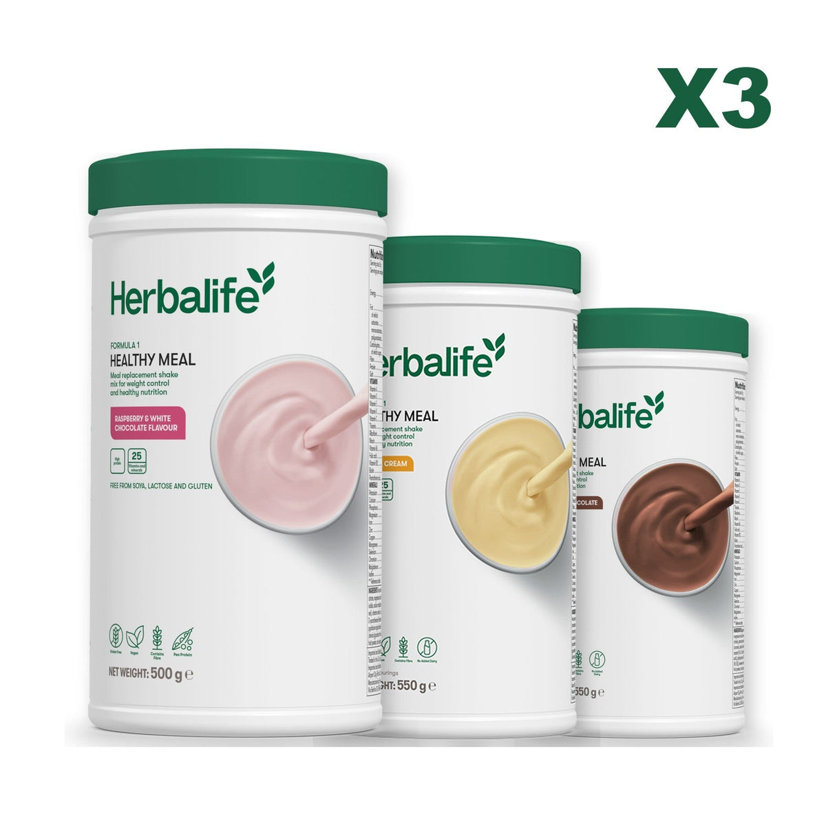 Three Formula 1 shake tubs led by Free From Raspberry and White Chocolate, plus two flavours you choose, Banana Cream / Chocolate