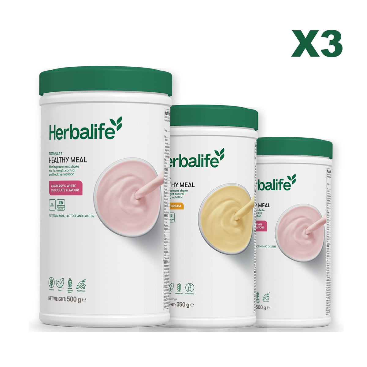 Three Formula 1 shake tubs led by Free From Raspberry and White Chocolate, plus two flavours you choose, Banana Cream / Free From Raspberry & White Chocolate