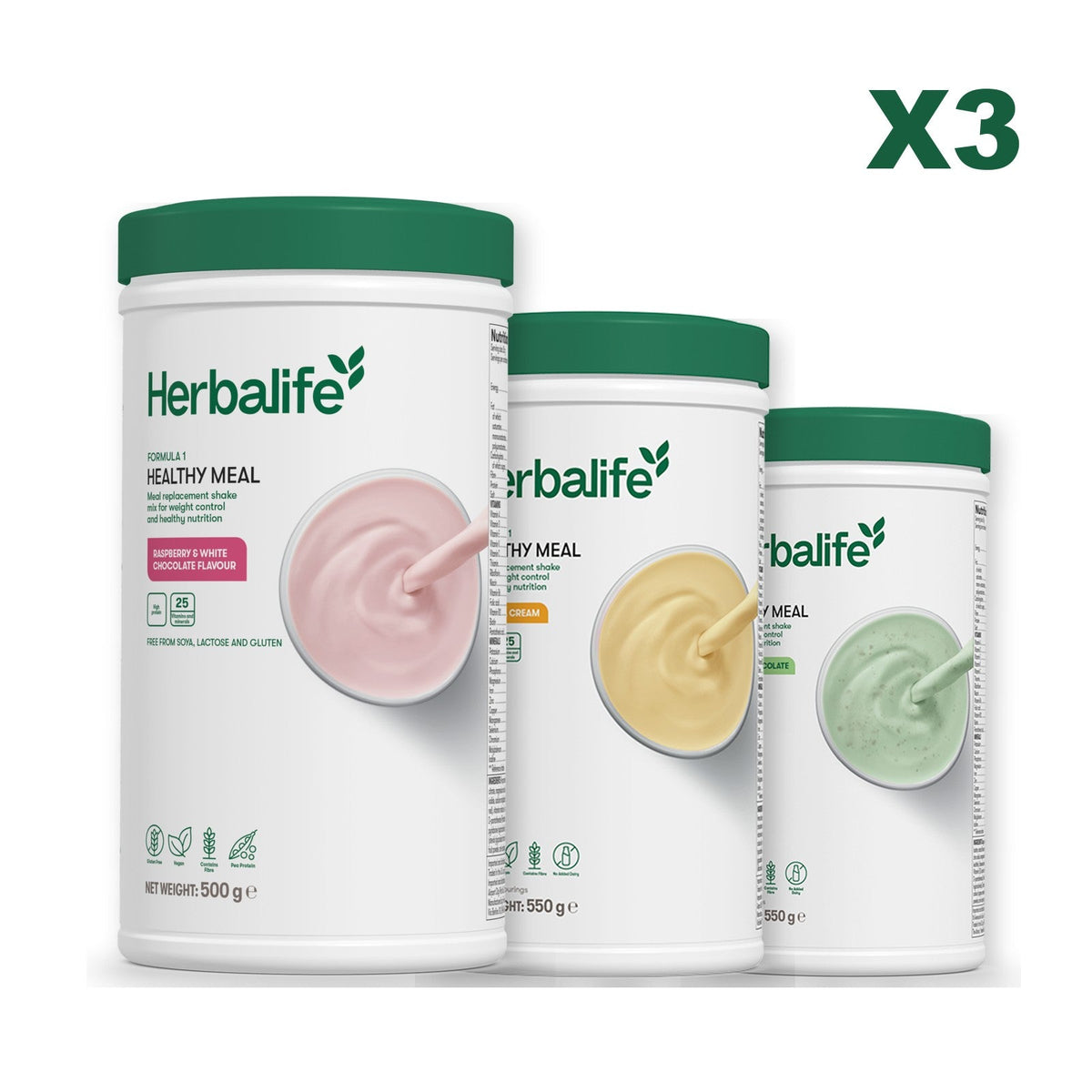 Three Formula 1 shake tubs led by Free From Raspberry and White Chocolate, plus two flavours you choose, Banana Cream / Mint Chocolate