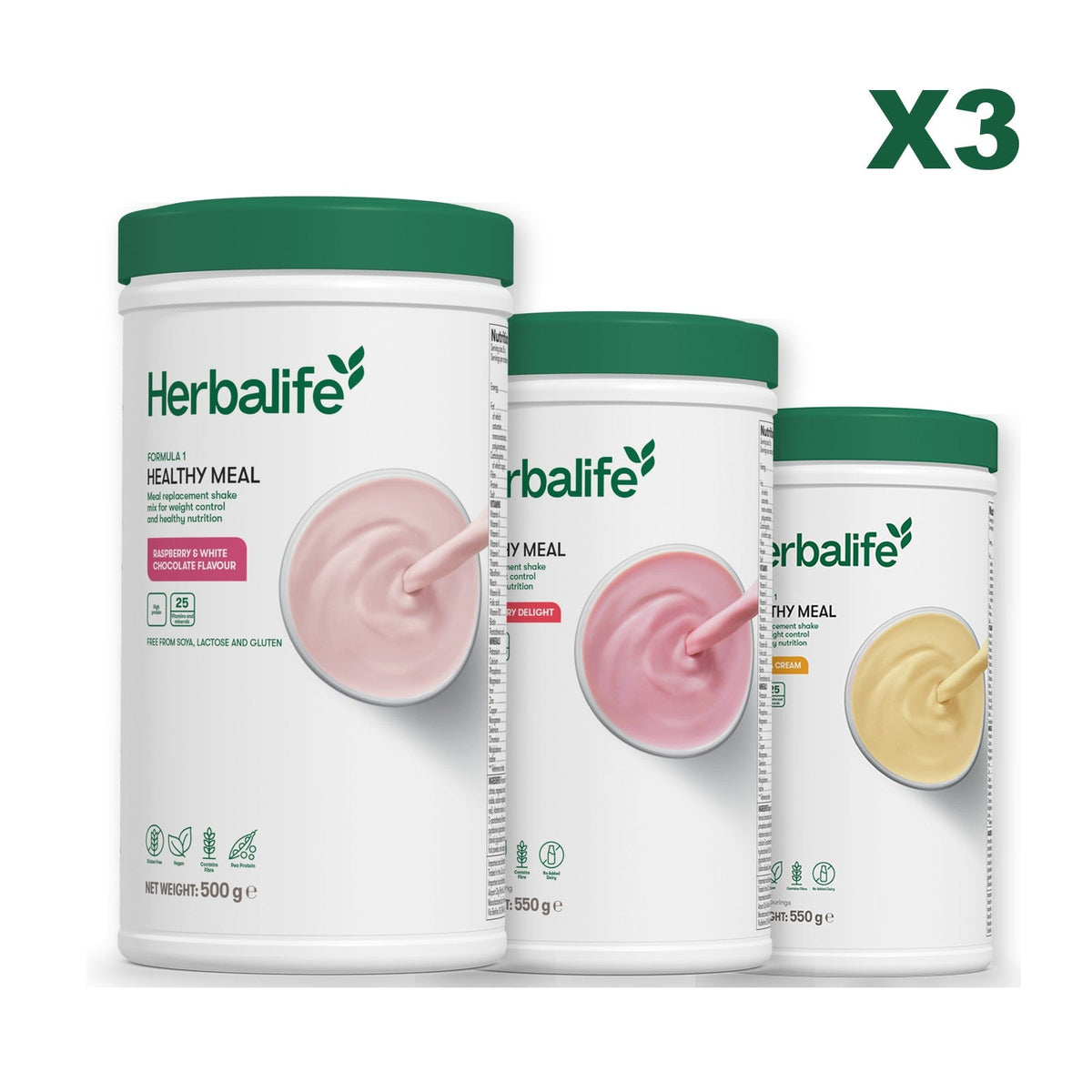 Three Formula 1 shake tubs led by Free From Raspberry and White Chocolate, plus two flavours you choose, Strawberry / Banana Cream
