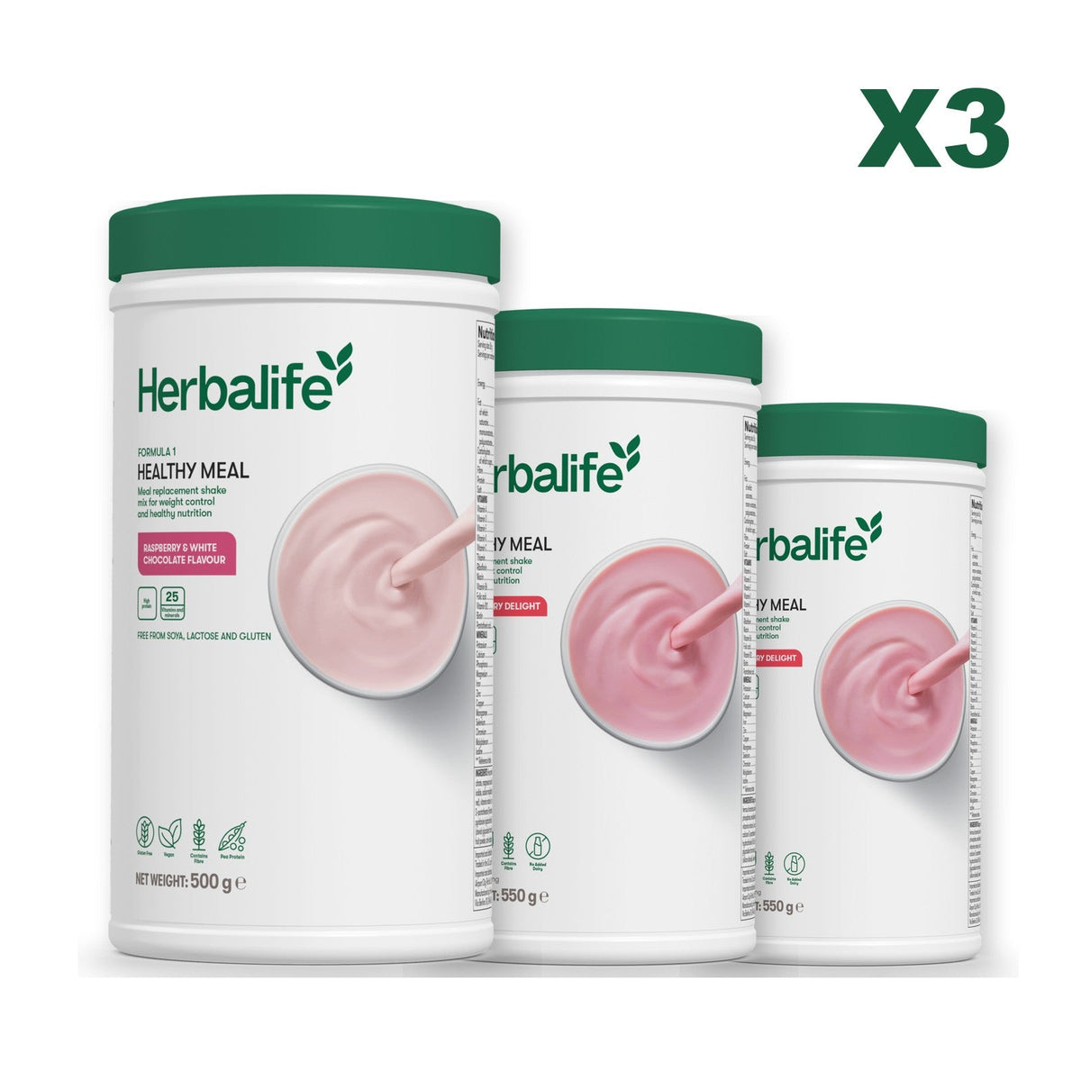 Three Formula 1 shake tubs led by Free From Raspberry and White Chocolate, plus two flavours you choose, Strawberry / Strawberry