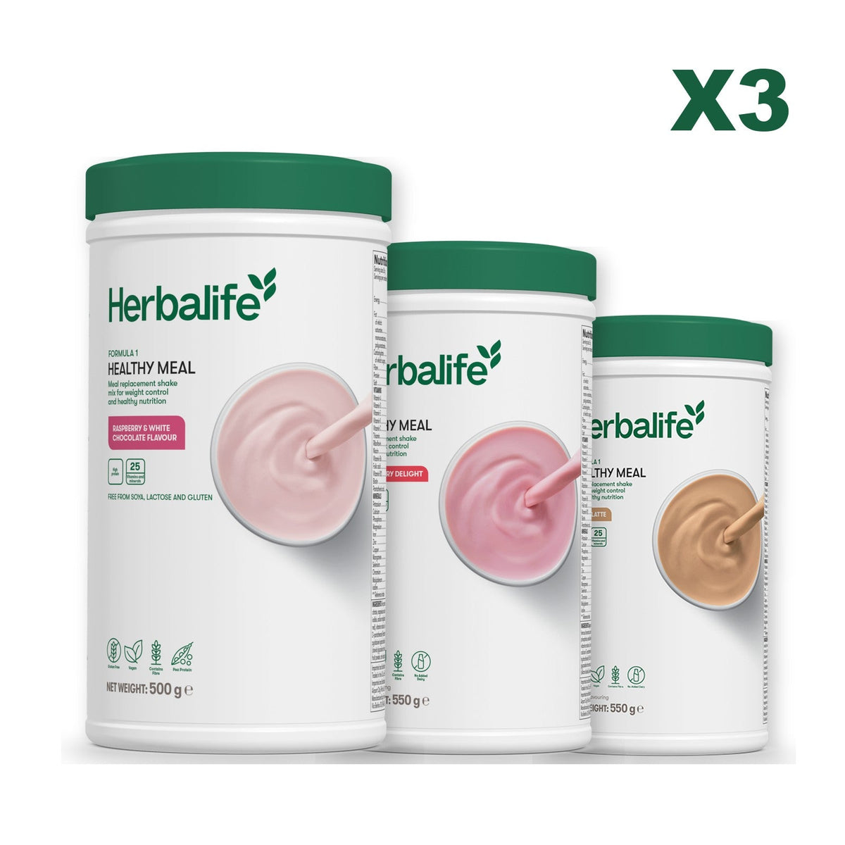 Three Formula 1 shake tubs led by Free From Raspberry and White Chocolate, plus two flavours you choose, Strawberry / Cafe Latte