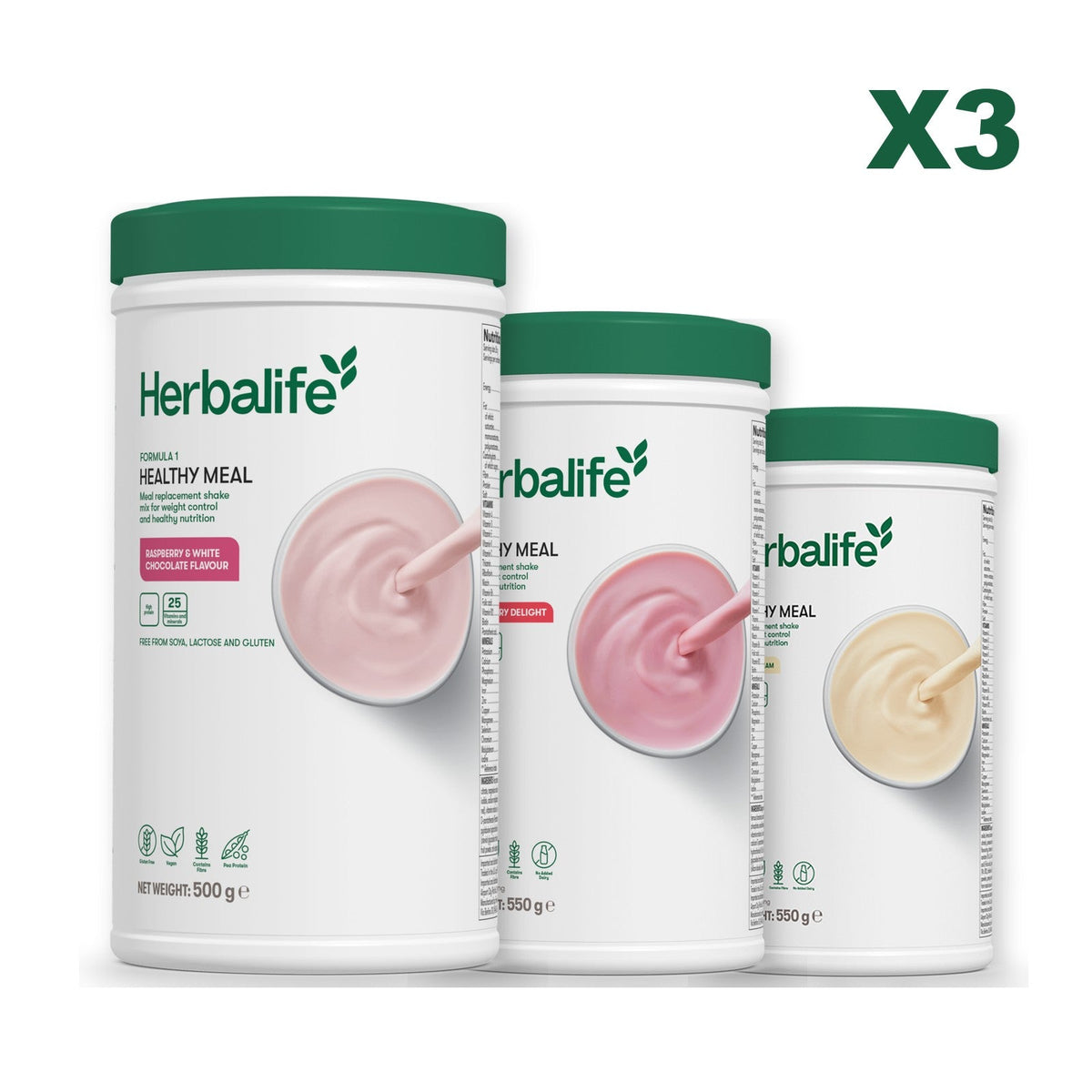Three Formula 1 shake tubs led by Free From Raspberry and White Chocolate, plus two flavours you choose, Strawberry / Vanilla