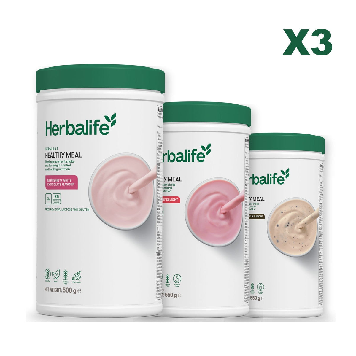 Three Formula 1 shake tubs led by Free From Raspberry and White Chocolate, plus two flavours you choose, Strawberry / Cookie Crunch