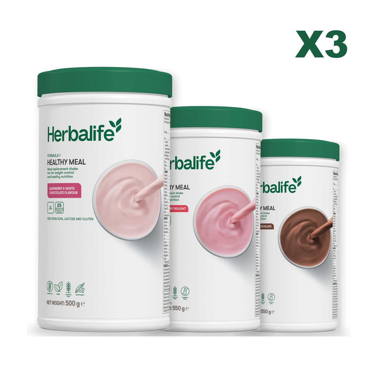 Three Formula 1 shake tubs led by Free From Raspberry and White Chocolate, plus two flavours you choose, Strawberry / Chocolate