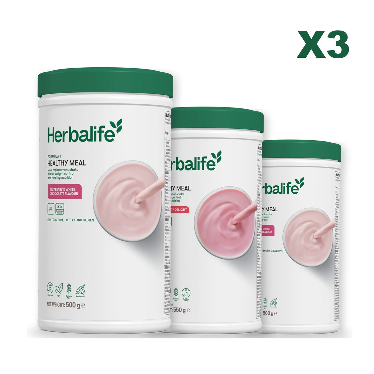 Three Formula 1 shake tubs led by Free From Raspberry and White Chocolate, plus two flavours you choose, Strawberry / Free From Raspberry & White Chocolate