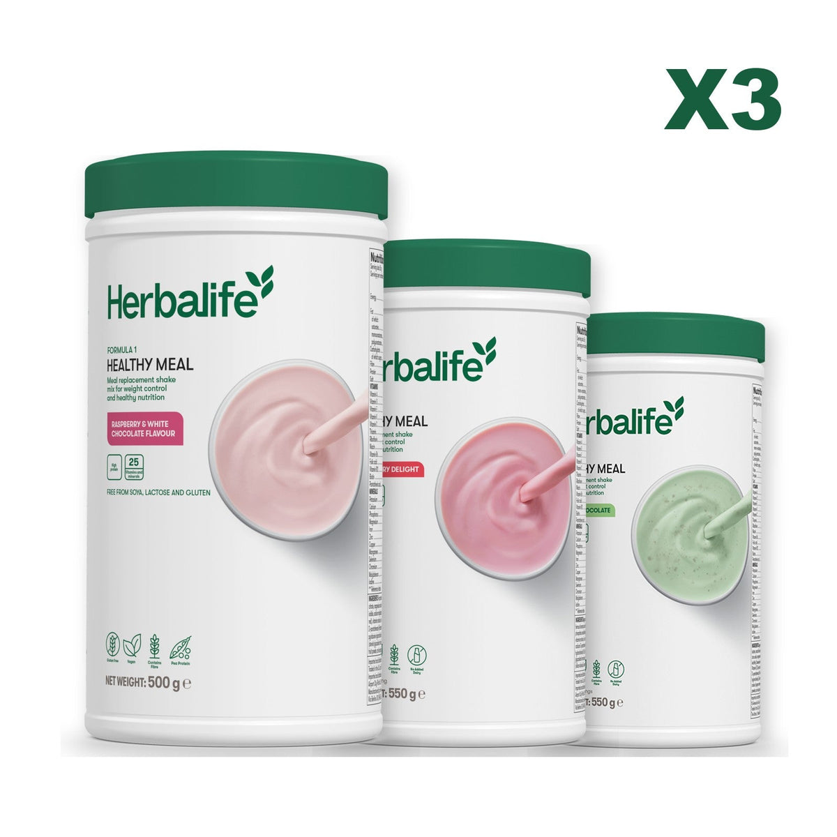 Three Formula 1 shake tubs led by Free From Raspberry and White Chocolate, plus two flavours you choose, Strawberry / Mint Chocolate