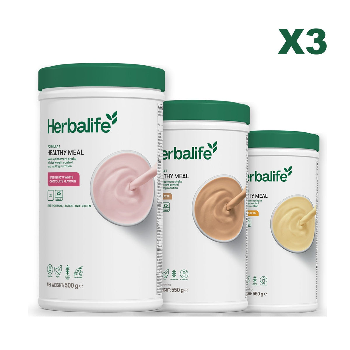 Three Formula 1 shake tubs led by Free From Raspberry and White Chocolate, plus two flavours you choose, Cafe Latte / Banana Cream