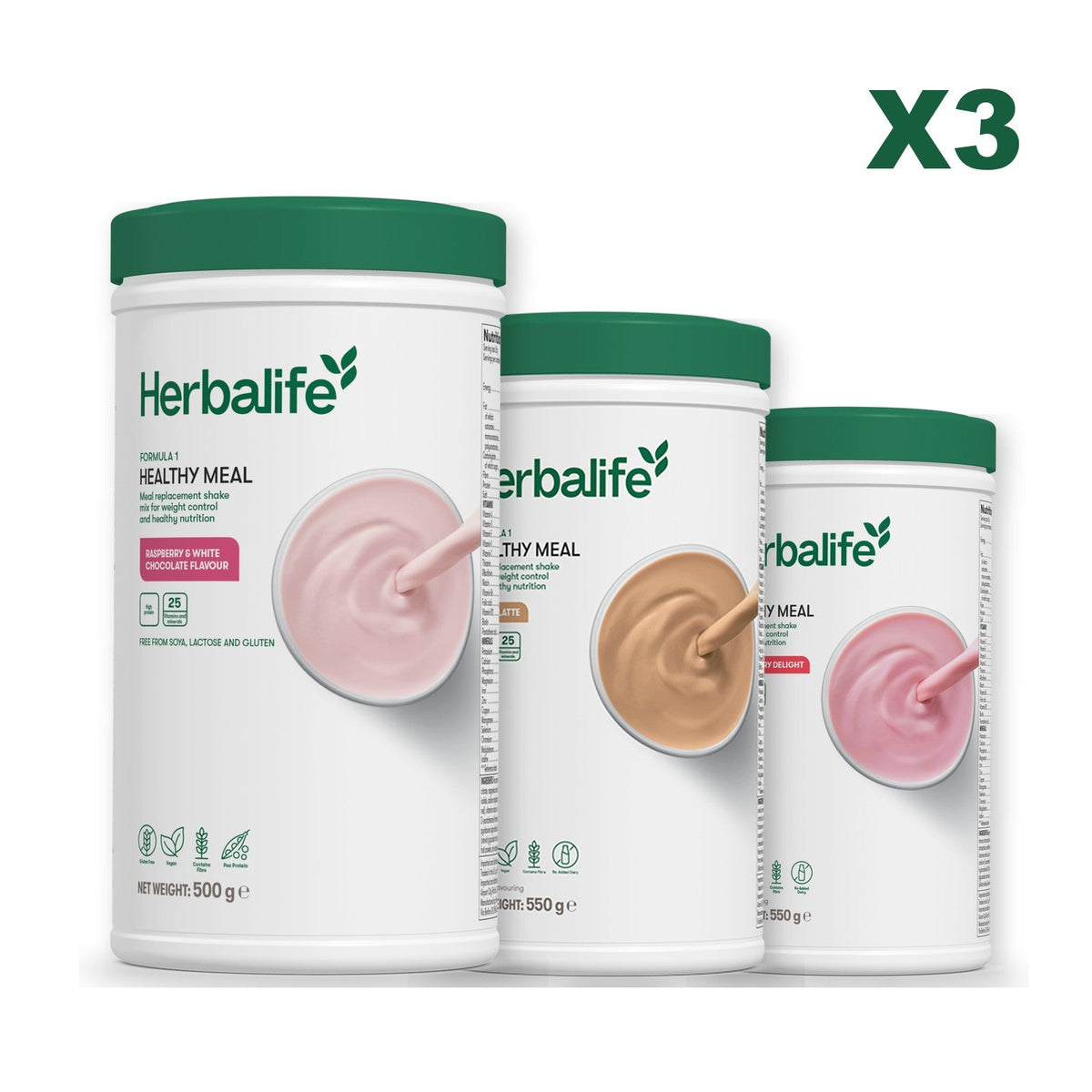Three Formula 1 shake tubs led by Free From Raspberry and White Chocolate, plus two flavours you choose, Cafe Latte / Strawberry
