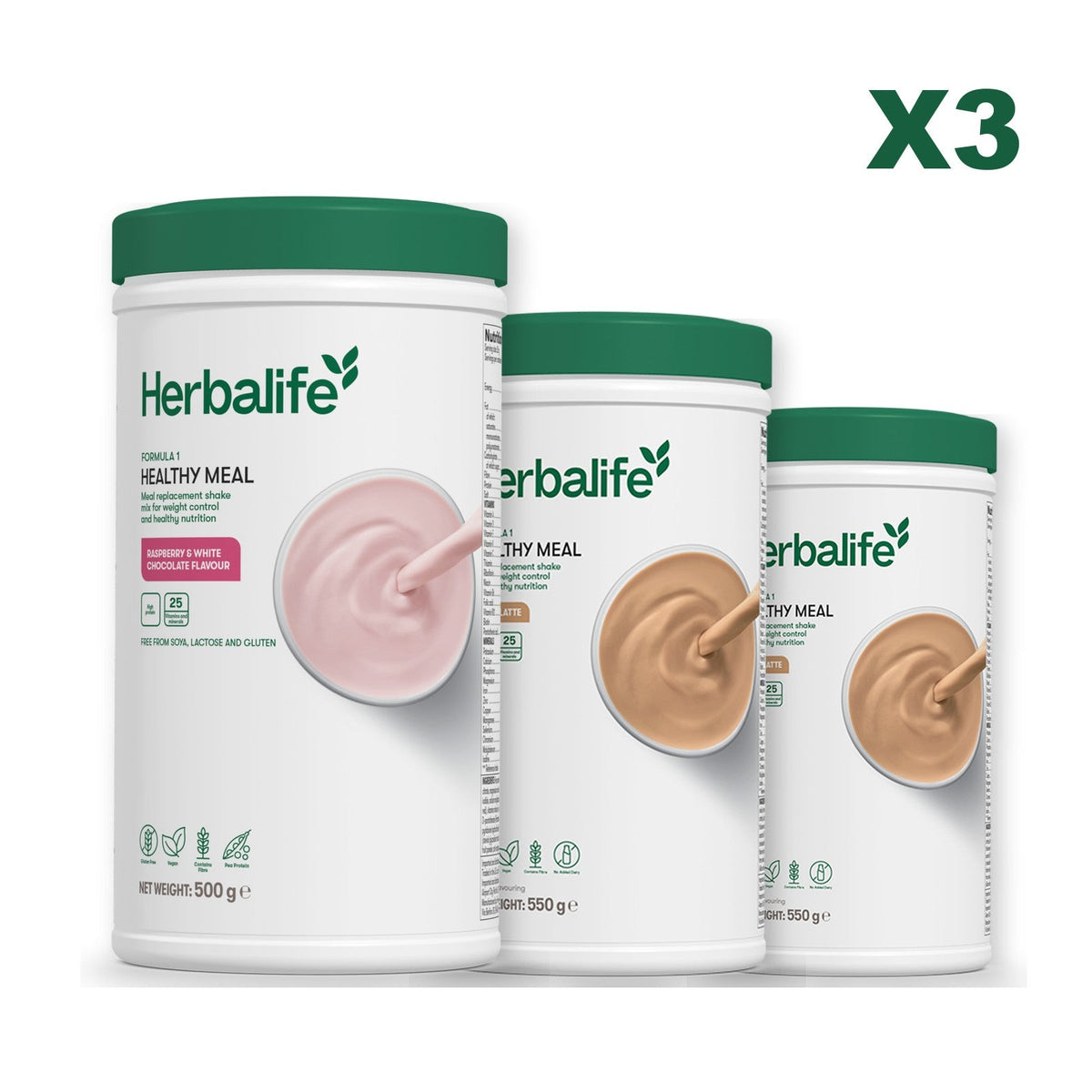 Three Formula 1 shake tubs led by Free From Raspberry and White Chocolate, plus two flavours you choose, Cafe Latte / Cafe Latte