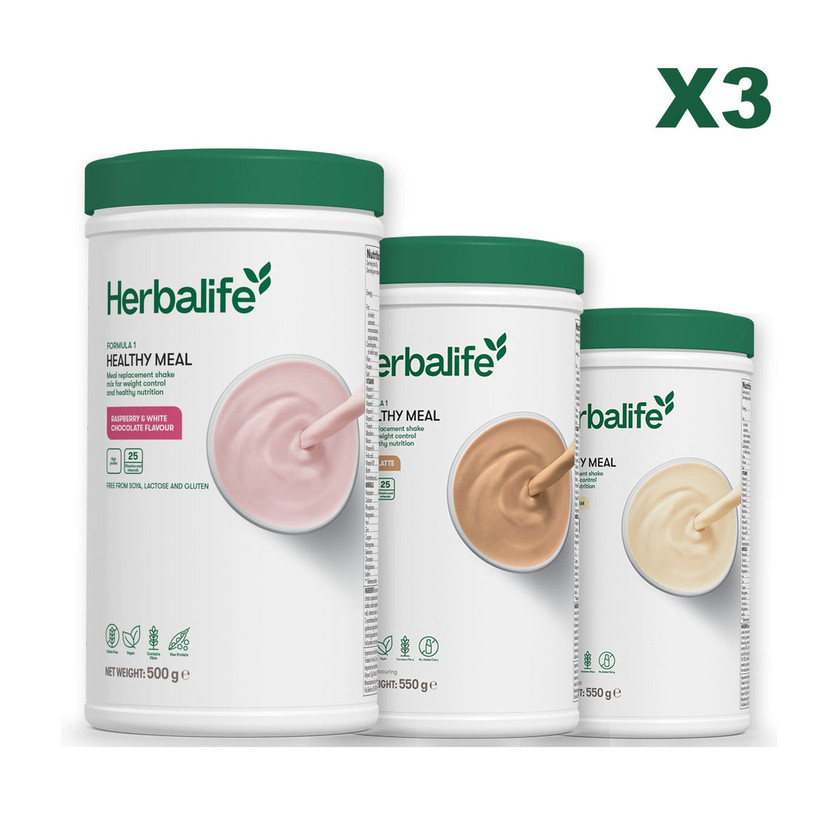 Three Formula 1 shake tubs led by Free From Raspberry and White Chocolate, plus two flavours you choose, Cafe Latte / Vanilla