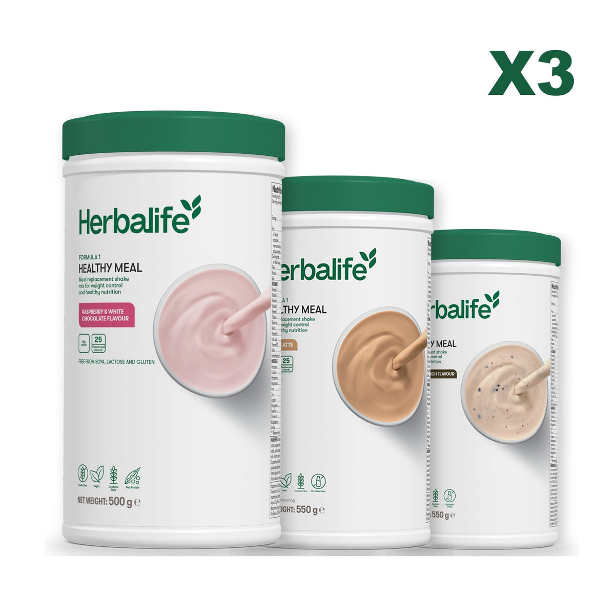 Three Formula 1 shake tubs led by Free From Raspberry and White Chocolate, plus two flavours you choose, Cafe Latte / Cookie Crunch