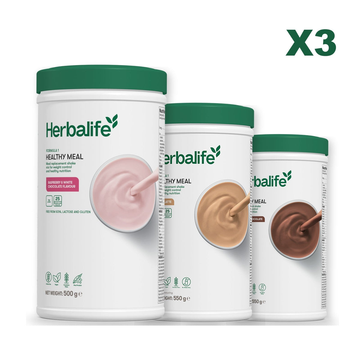 Three Formula 1 shake tubs led by Free From Raspberry and White Chocolate, plus two flavours you choose, Cafe Latte / Chocolate