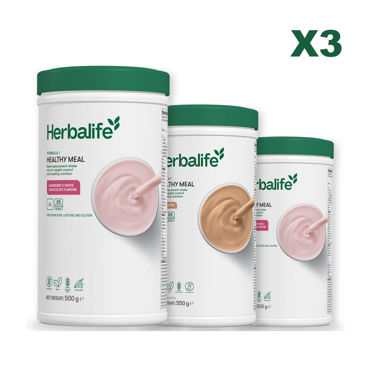 Three Formula 1 shake tubs led by Free From Raspberry and White Chocolate, plus two flavours you choose, Cafe Latte / Free From Raspberry & White Chocolate
