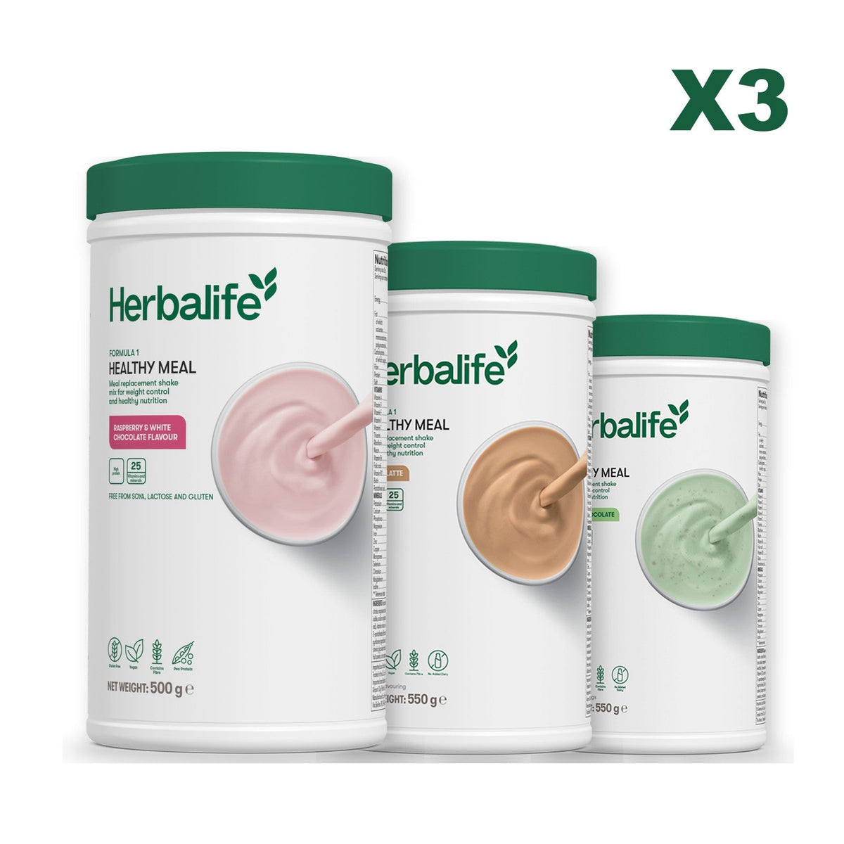Three Formula 1 shake tubs led by Free From Raspberry and White Chocolate, plus two flavours you choose, Cafe Latte / Mint Chocolate