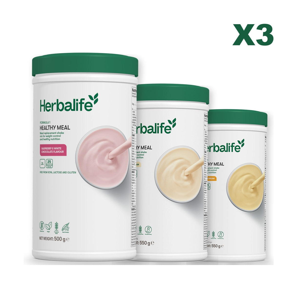 Three Formula 1 shake tubs led by Free From Raspberry and White Chocolate, plus two flavours you choose, Vanilla / Banana Cream
