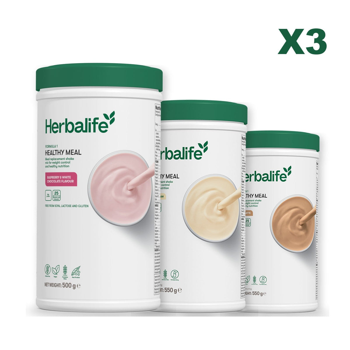 Three Formula 1 shake tubs led by Free From Raspberry and White Chocolate, plus two flavours you choose, Vanilla / Cafe Latte