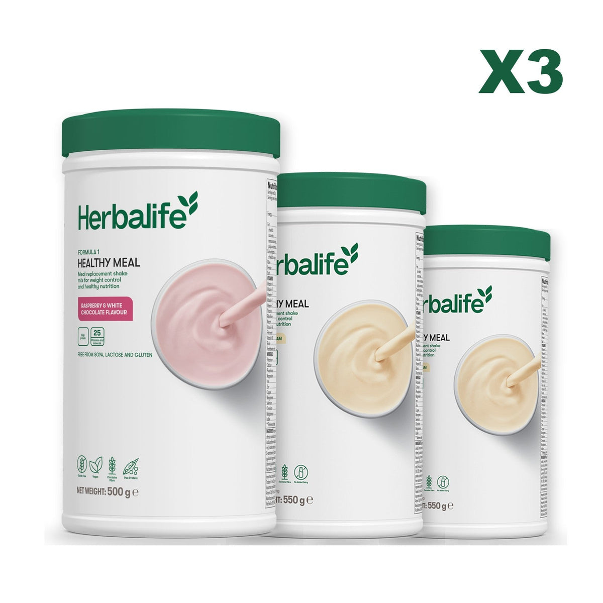 Three Formula 1 shake tubs led by Free From Raspberry and White Chocolate, plus two flavours you choose, Vanilla / Vanilla