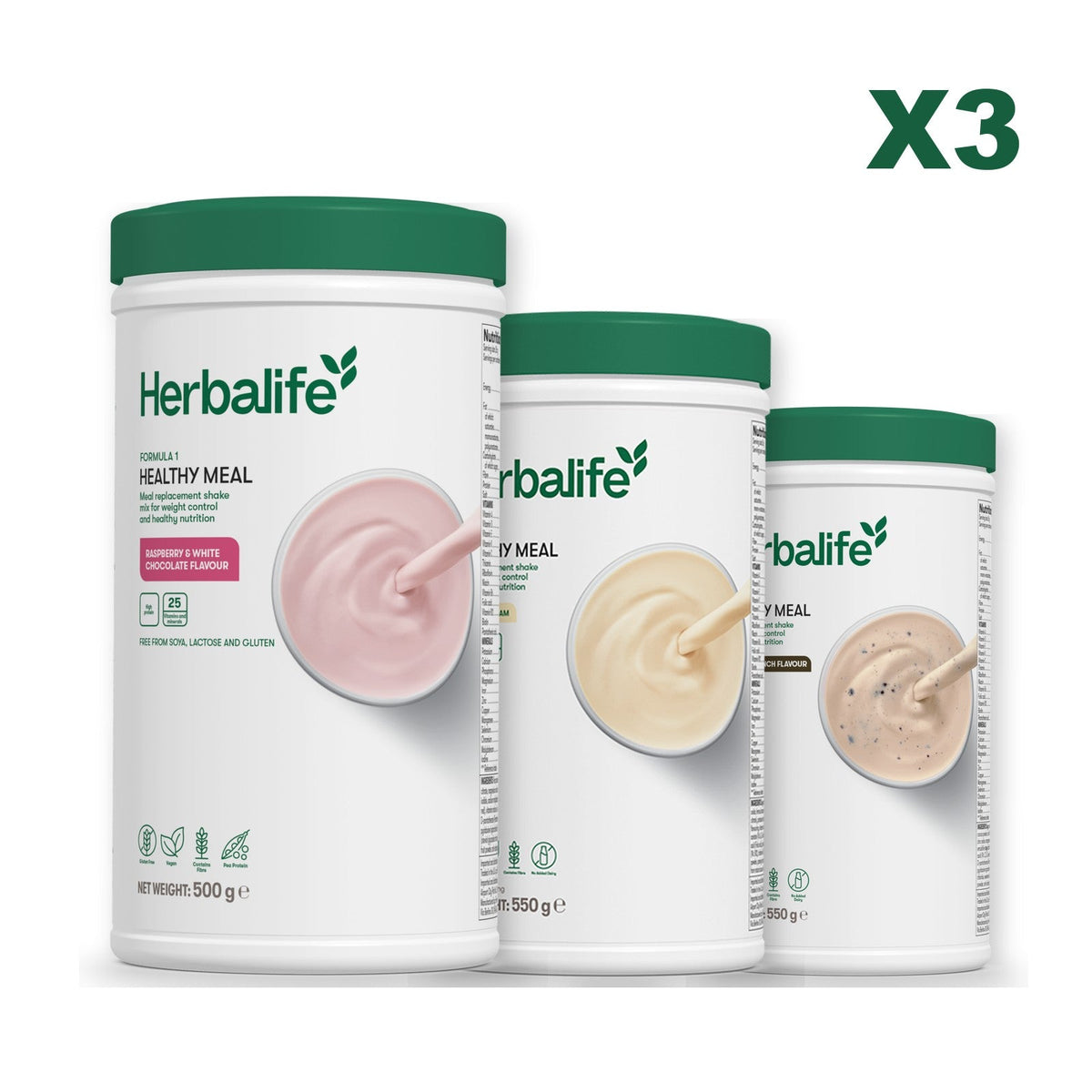 Three Formula 1 shake tubs led by Free From Raspberry and White Chocolate, plus two flavours you choose, Vanilla / Cookie Crunch