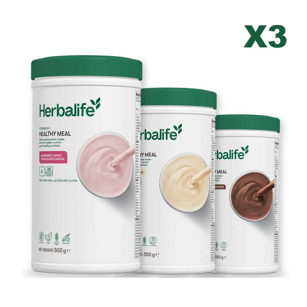 Three Formula 1 shake tubs led by Free From Raspberry and White Chocolate, plus two flavours you choose, Vanilla / Chocolate