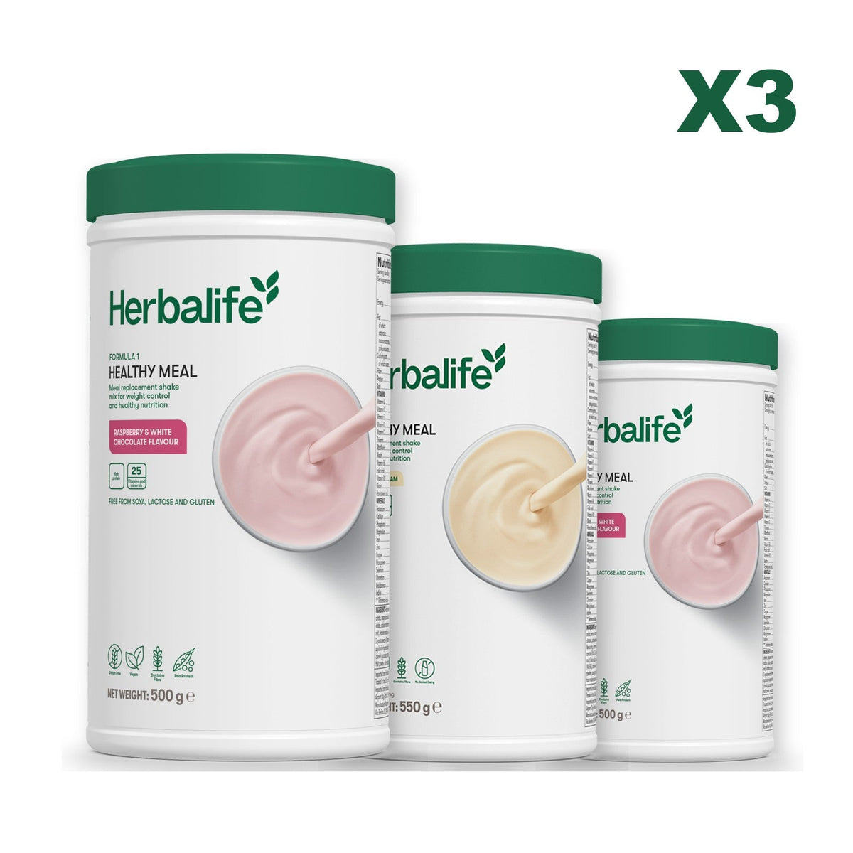 Three Formula 1 shake tubs led by Free From Raspberry and White Chocolate, plus two flavours you choose, Vanilla / Free From Raspberry & White Chocolate