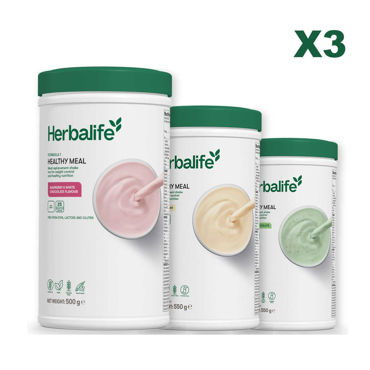 Three Formula 1 shake tubs led by Free From Raspberry and White Chocolate, plus two flavours you choose, Vanilla / Mint Chocolate